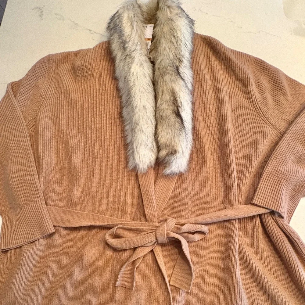 Michael Kors Camel Wrap Cardigan with Faux-Fur Shawl Collar